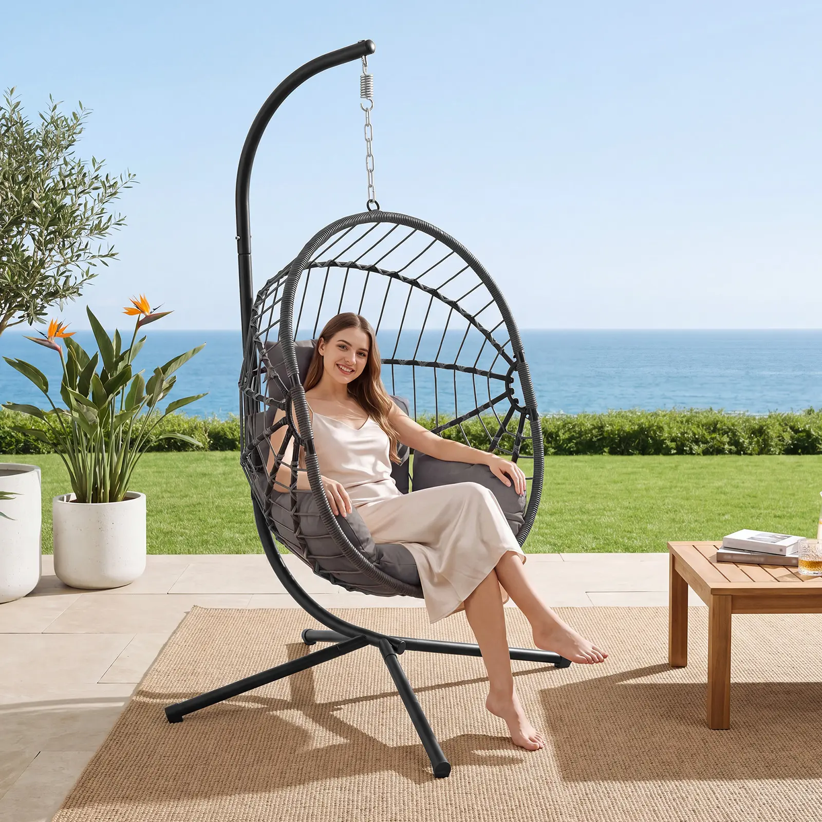 Egg Patio Swing Chair – Wicker Design, Perfect for Indoor and Outdoor Use, Supports Up to 350LB, Includes Cushion for Extra Comfort