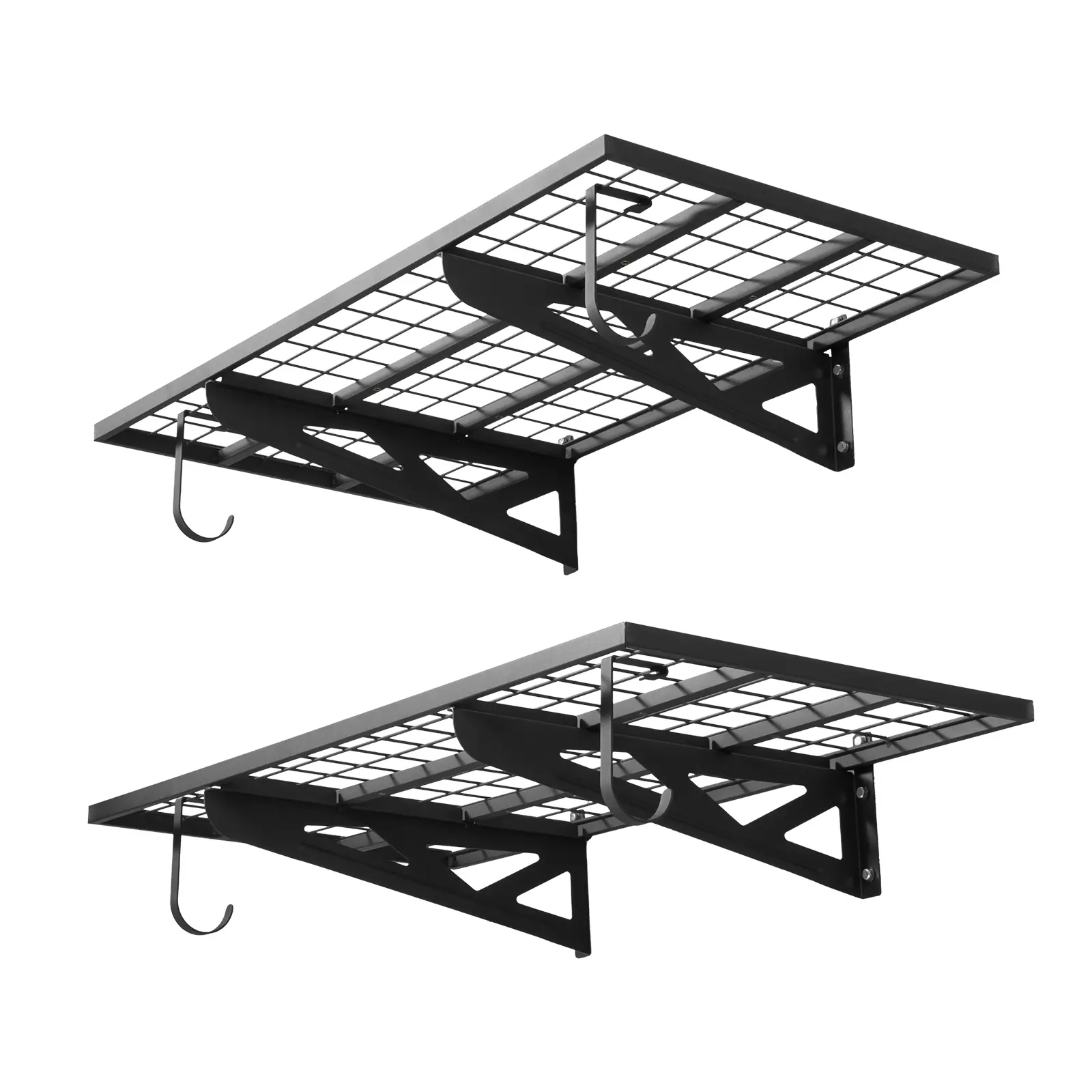 VEVOR 2-Tier Heavy Duty Wall-Mounted Garage Storage Shelves, 2x4 ft Steel Frame Rack Kit with Hooks, 24x48 in Per Shelf, 500lbs Total Capacity, Black, Easy Setup for House Reset & Setup Inspo, Wall Hanging