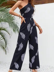 One piece set of women's casual black feather printed one shoulder jumpsuit wide leg pants, loose and slimming, suitable for all seasons, suitable for home, indoor, and outdoor wear