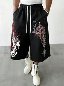 Men'S Gothic Cross Skull Graphic Oversized Cropped Knee Length Shorts For Streetwear