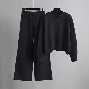 Women 2 Piece Sweater Outfits Long Sleeve Knit Pullover Top Wide Leg Knit Pants Lounge Set Casual Knitted Sweatsuit