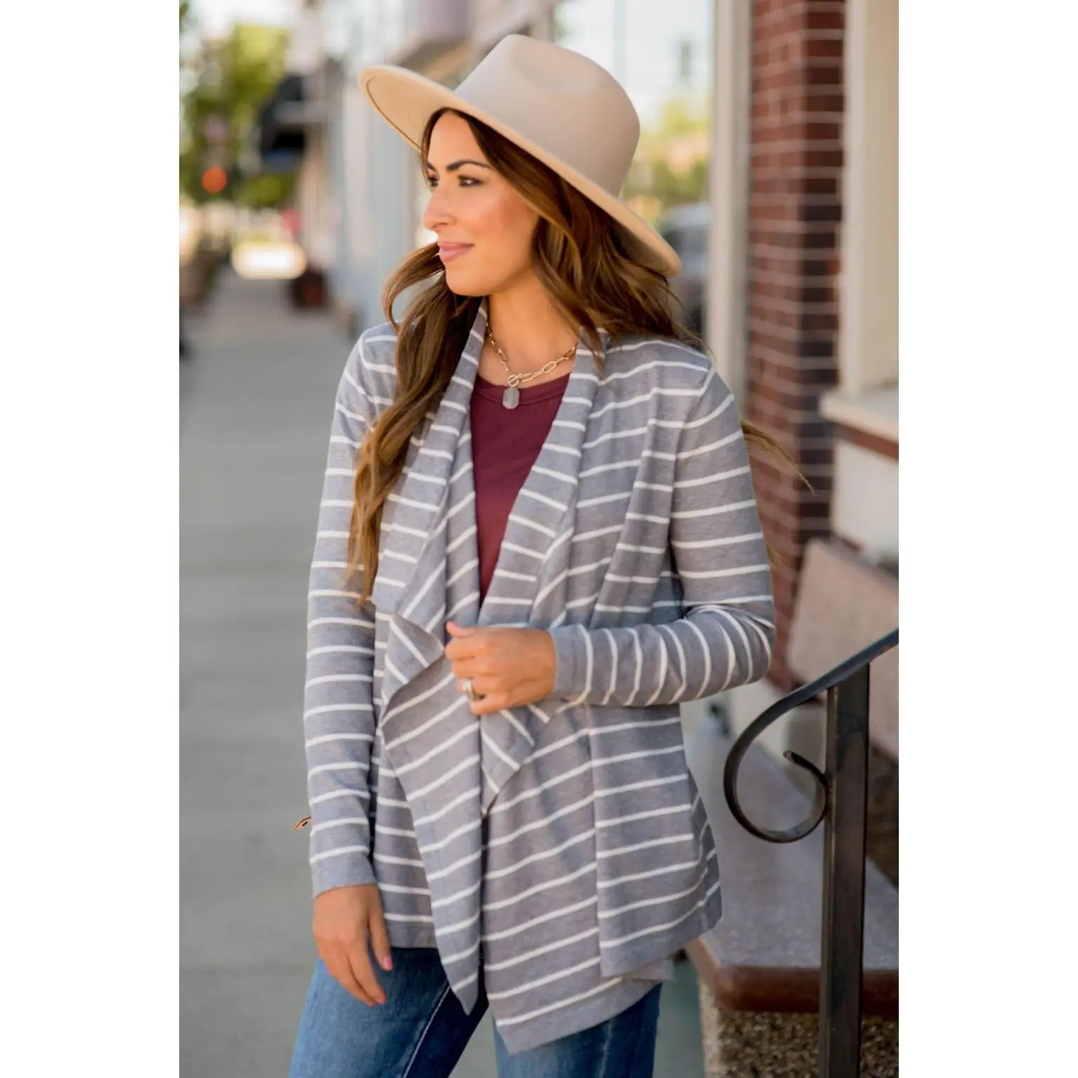 Basic Striped Waterfall Cardigan