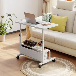 31.5in Long Manual Standing Desk, Height Adjustable Mobile Computer Desk with Locking Wheels, Rolling Laptop Table for Home Office, 2-Tier Storage, Rust Brown/Black/White