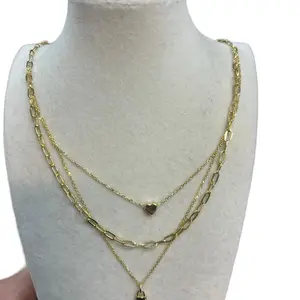 Oroconda Jewelry 14k Three Layered Adjustable Paper Clip Chain 16"-18" with Heart & Lock Additions Gold Pendant Necklace