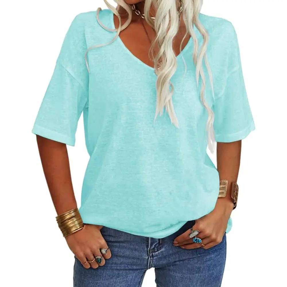 Beotyshow Women's 3/4 Sleeve Shirts V Neck Loose Fitting Tops Casual Solid Color Tshirts Trendy Basic Tunic Summer Ladies Tops