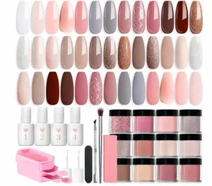 Women's 31-Piece Dip Powder Nail Kit - multi Colors (Glitter, Nude, Brown, Pink, White, Gray) with Base Coat, Top Coat, Activator for French Nail Art, DIY Manicure, Salon Use, Gift