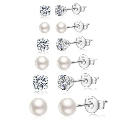 6Pairs Pearl+CZ Silver