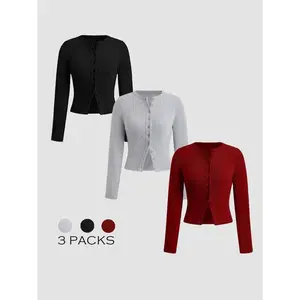 Women's 3-Pack Crewneck Long-Sleeve Ribbed Knit Button-Up Tops - Spring & Fall Essentials, Slim-Fit, Versatile for Daily/Office/Weekend, Soft Stretchy Fabric, Minimalist Style - Casual - Womenswear