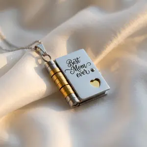 Best Mom Ever" Engraved Book Necklace - Stainless Steel Locket Pendant, Sentimental Mother's Day & Birthday Gift Jewelry for Women