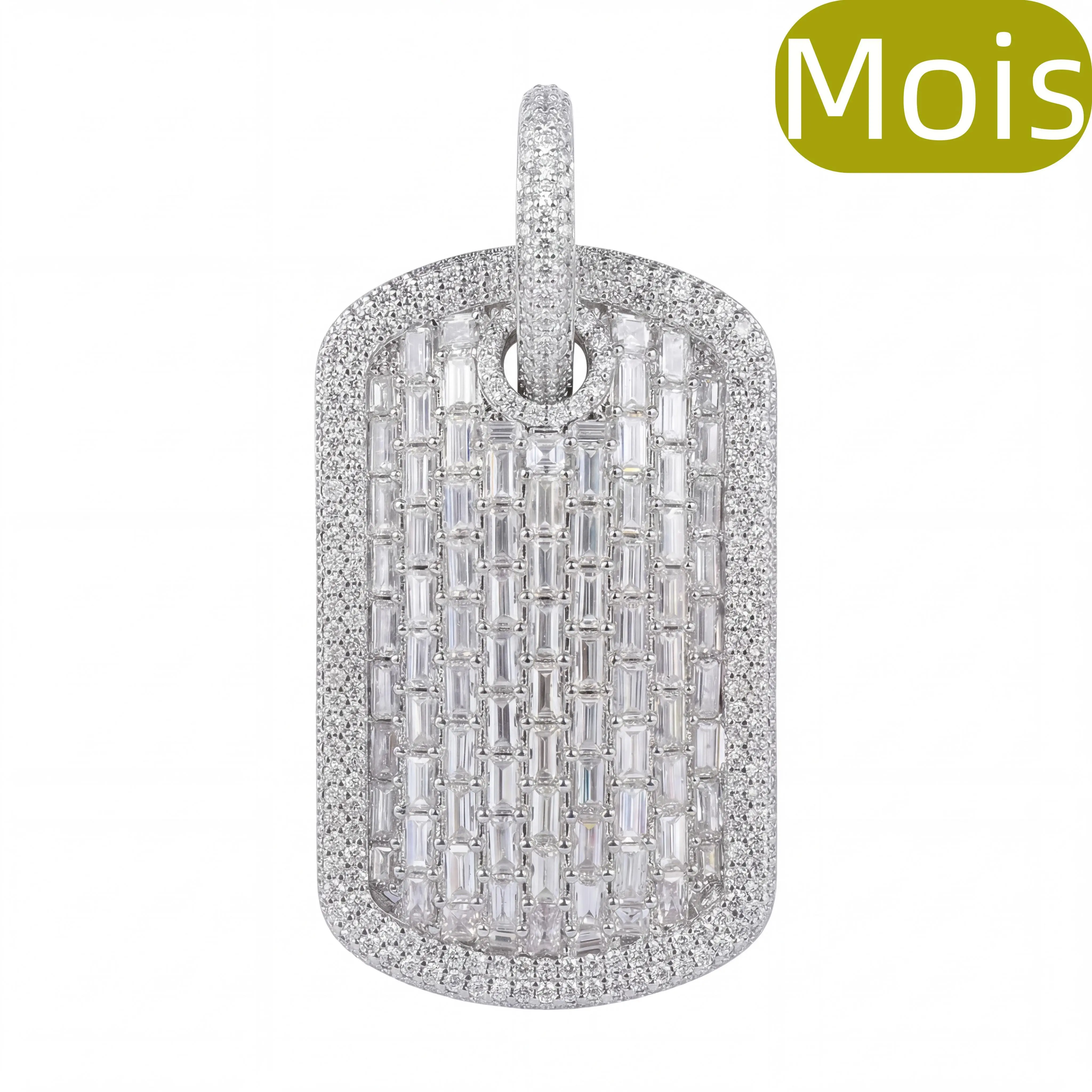 68.SPACEICE GRA Certified Moissan Dog Tag Pendant Necklace,Solid metal Base Baguette & Round Cut Iced Out Hip Hop Jewelry for Men