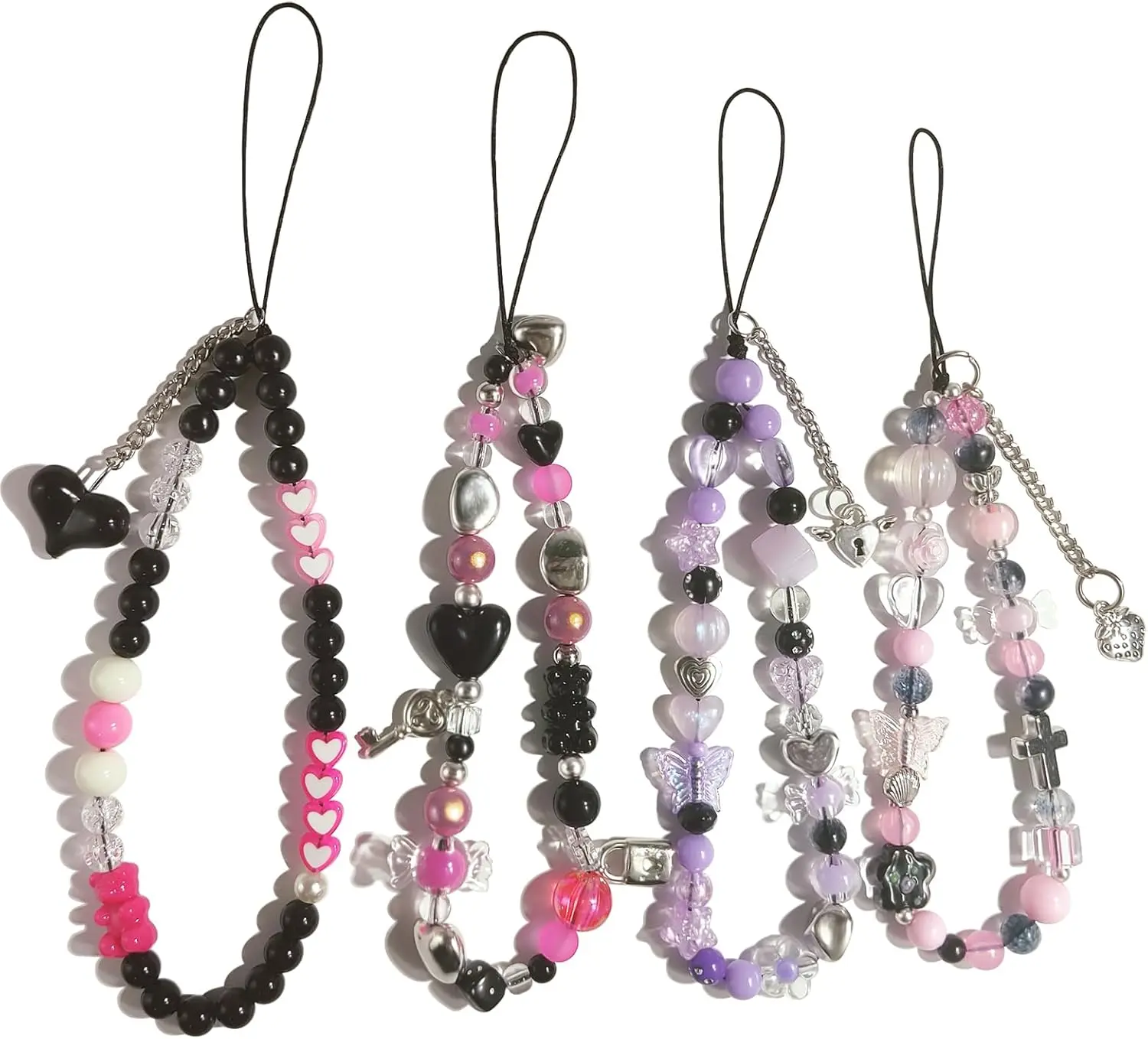 4 count Cute Phone Charms - Beaded Strap Aesthetic Y2K Cell  - Bear Butterfly Heart Cool Charm for Bag, Airpods, Camera Pendants Decor