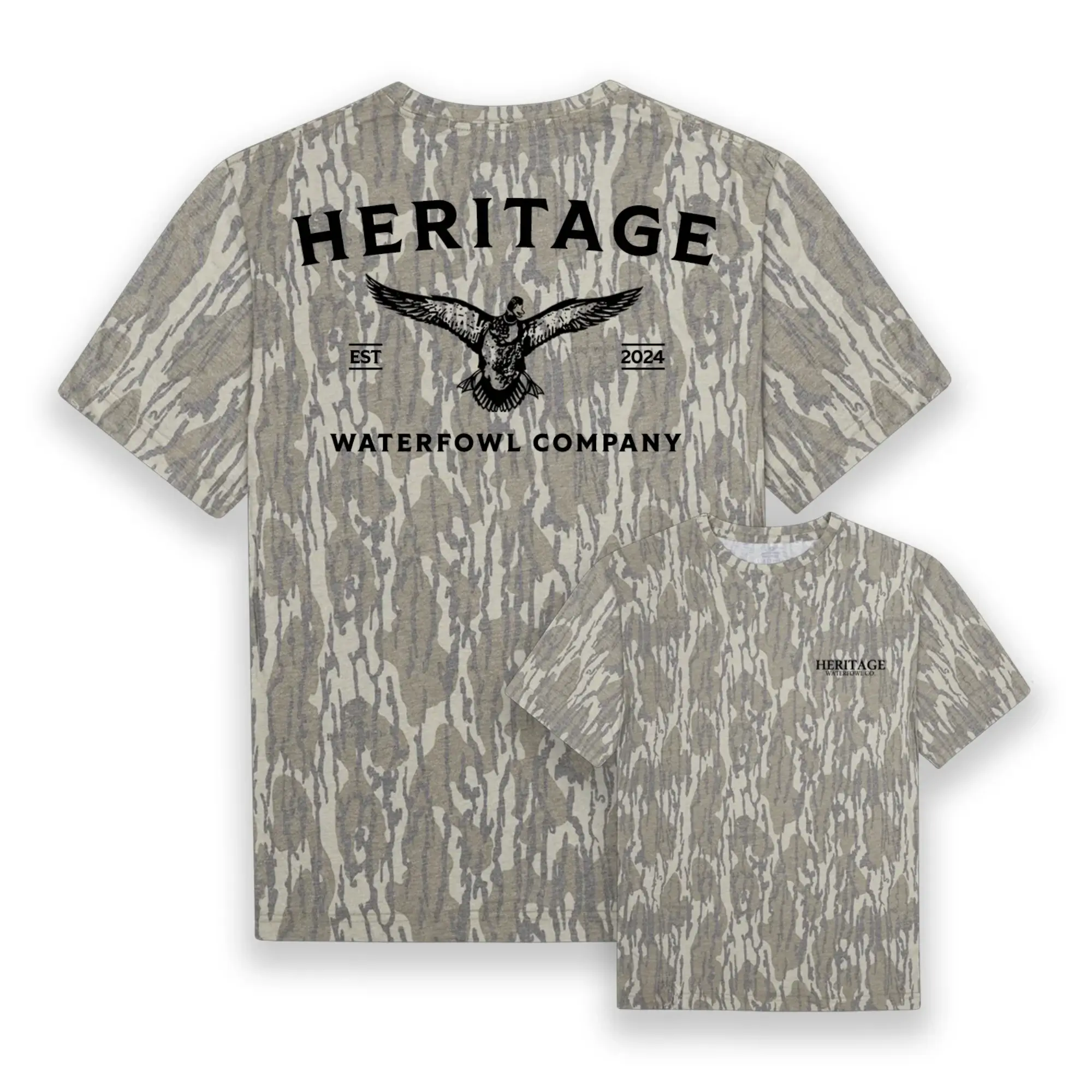 Mossy Heritage Waterfowl Company Tee, Vintage Bottomland Camo Hunting Tee, Outdoor Short Sleeve Shirt, Hunting 3D Tee, Gift For Him, Gift For Dad