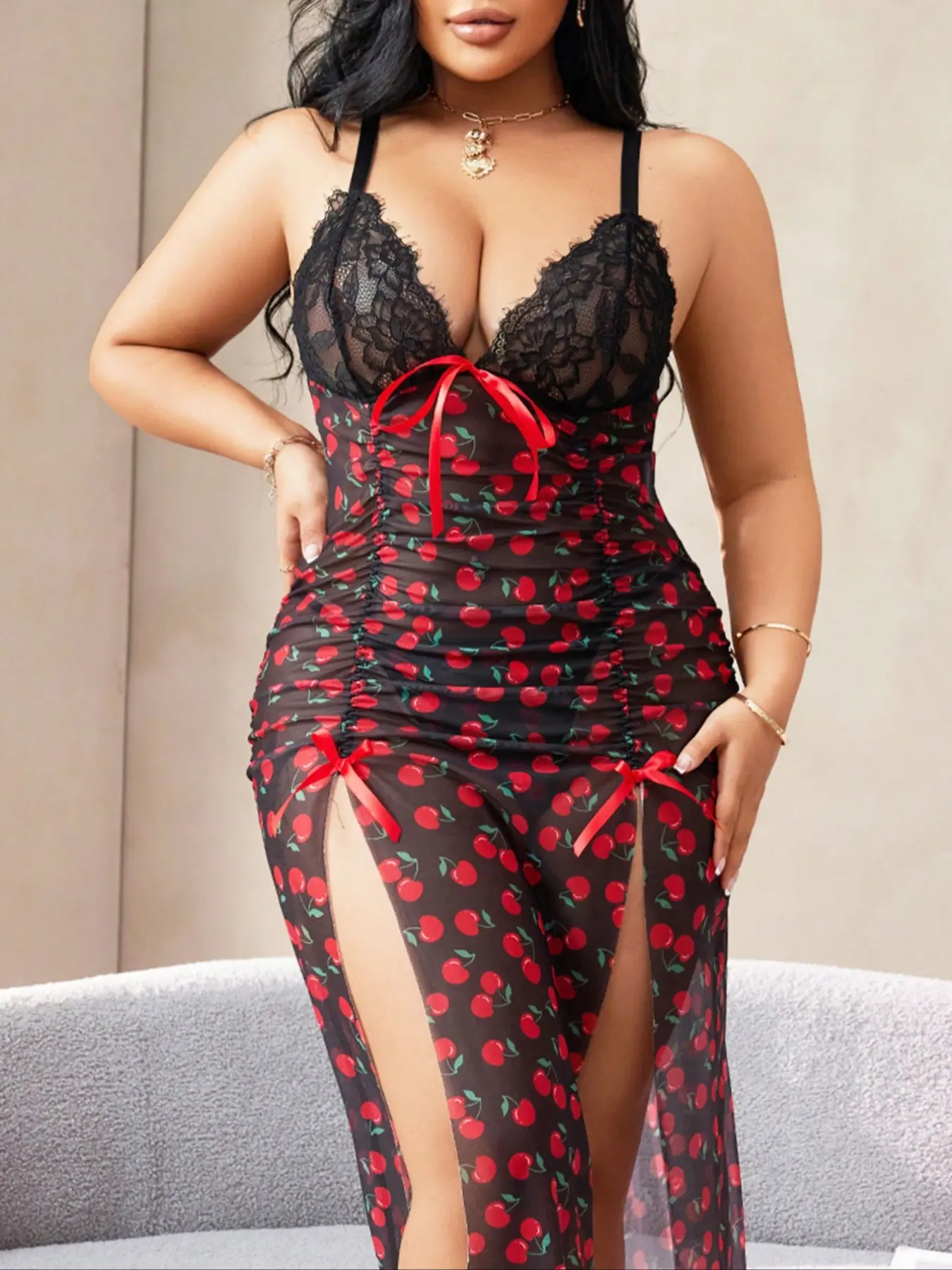 Women's Sexy High Slit Cherry Print Halter Spaghetti Strap Fitted Dress, Lace Mesh Sheer Patchwork Bow Decor Fashion Sleepwear Loungewear, Lace Nightgown, Lace Nightwear, All Seasons Suitable