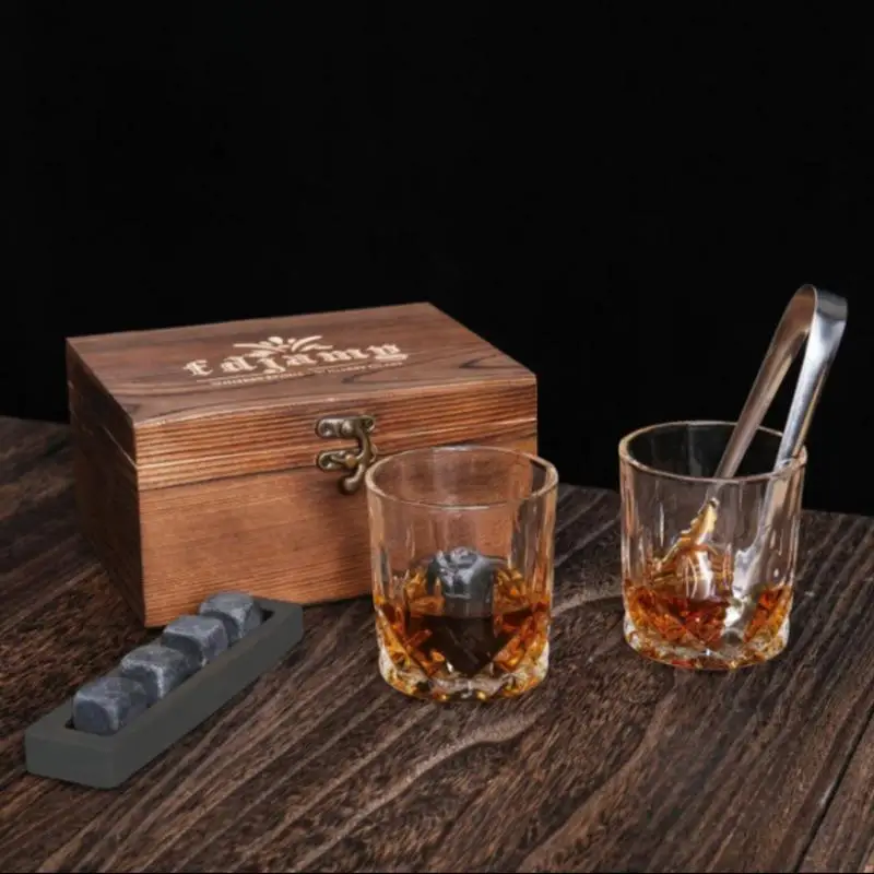 Whiskey Ice Stone Set, 6pcs/set Wooden Tray & Ice Stone, Whiskey Ice Tartar for Home Kitchen Party, without Tweezers