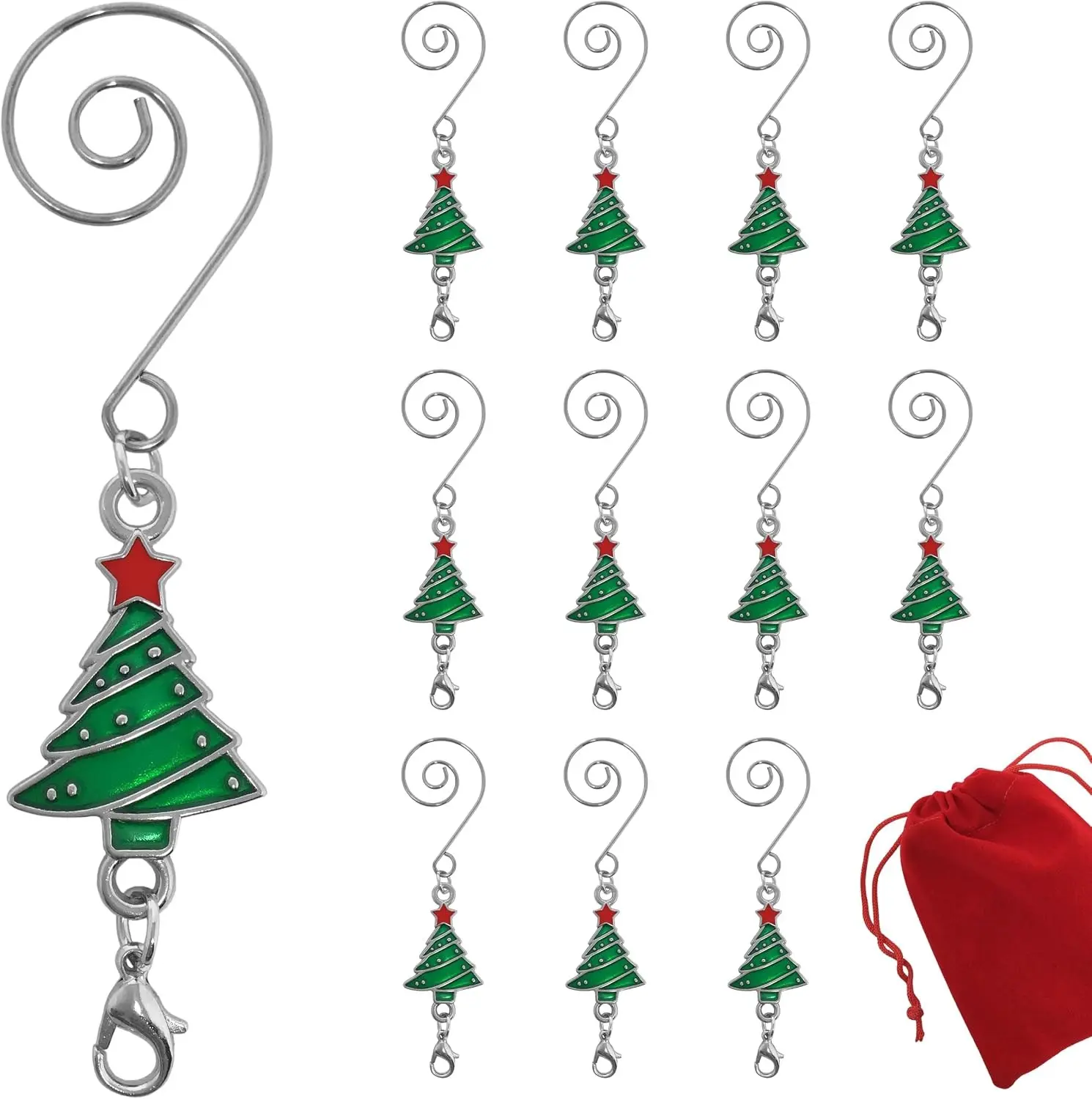 Christmas Ornament Hooks Set of 12, Enameled Christmas Tree DesignedS Hooks with Lobster Claw Clips, Ornament Hangers for Tree Ornaments, Stockings, Garland, Wreaths & Festive Displays, 3.5 Inch