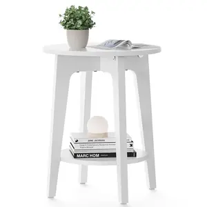 Round Side Table with Lower Shelf, End Table for Small Spaces, Nightstand for Living Room, Bedroom, White