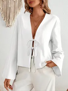 Women's Plain Woven Loose-Fit Shirt Blouse, Flare Sleeve Design, Perfect for Vacation & Daily Wear, Casual Fashion Womenswear Top for Women