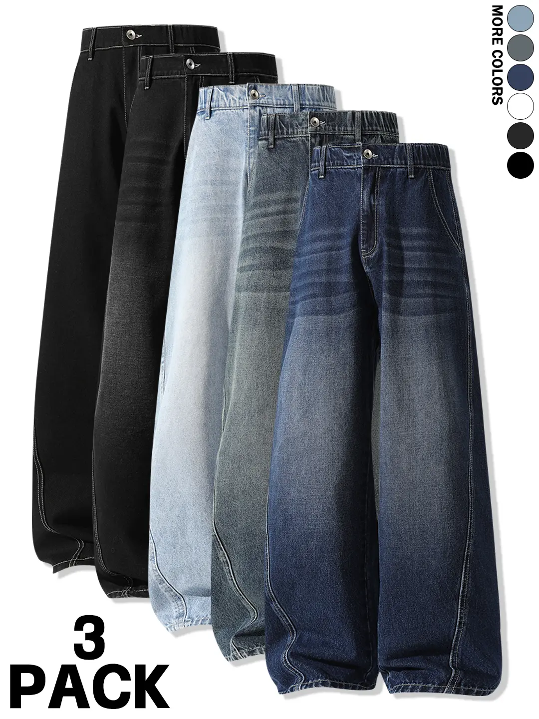 3-pack of loose-fit, straight-leg men's jeans. Soft and comfortable fabric for fall and winter. Trendy, casual, and suitable for everyday wear and commuting