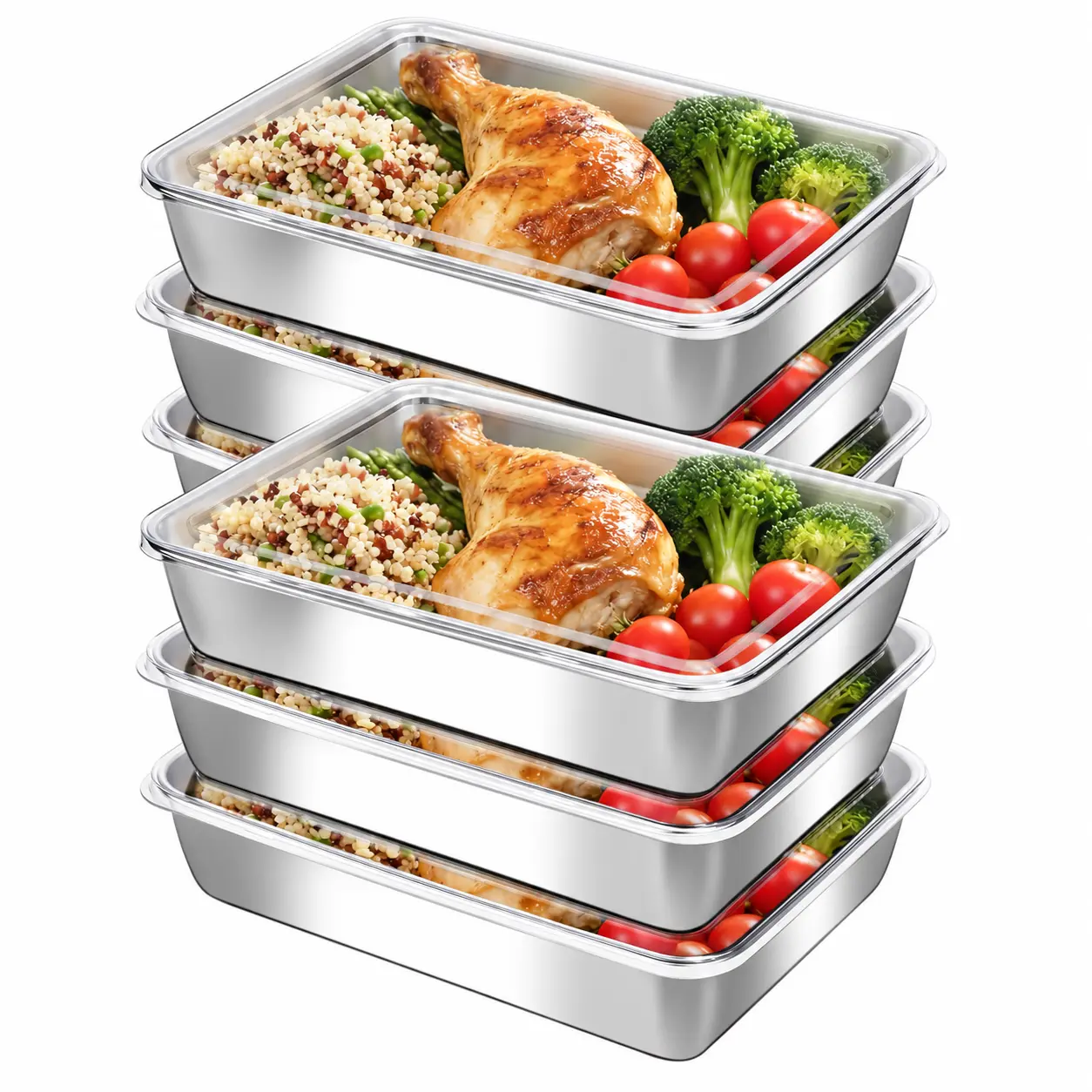 6pcs Rectangular Stainless Steel Food Storage Container Set - Durable Healthy Meal Prep Deep Trays, Stackable Baking Pans, Oven/Dishwasher Safe, Reusable Plastic Alternative for Home Cooks’ Kitchen Fridge Freezer