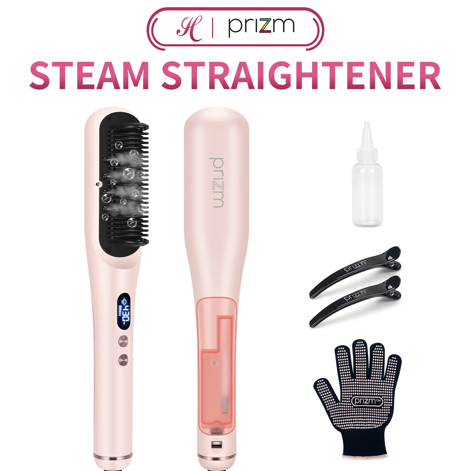 Prizm Ionic Steam Hair Straightener Brush & Straightening Comb - 430°F Fast Heating, Frizz-Free Silky Straight Hair Tools for Thick & Curly Hair Tools for Women