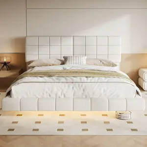 Queen Size Floating Bed Frame with LED Lights, Elegant White Boucle Upholstered Platform Bed with 49" Tall Headboard for Bedroom, Solid Wood Slats Support, No Box Spring Needed, Easy Assembly