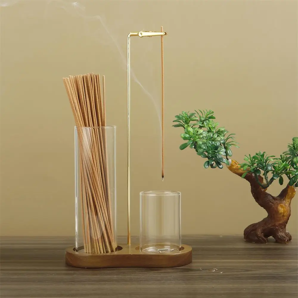 2 in 1 Incense & Candle Holder, 1 Count Wooden Base Incense Burner with Removable Glass Ash Collector, Home Decor Ornament for Living Room Bedroom
