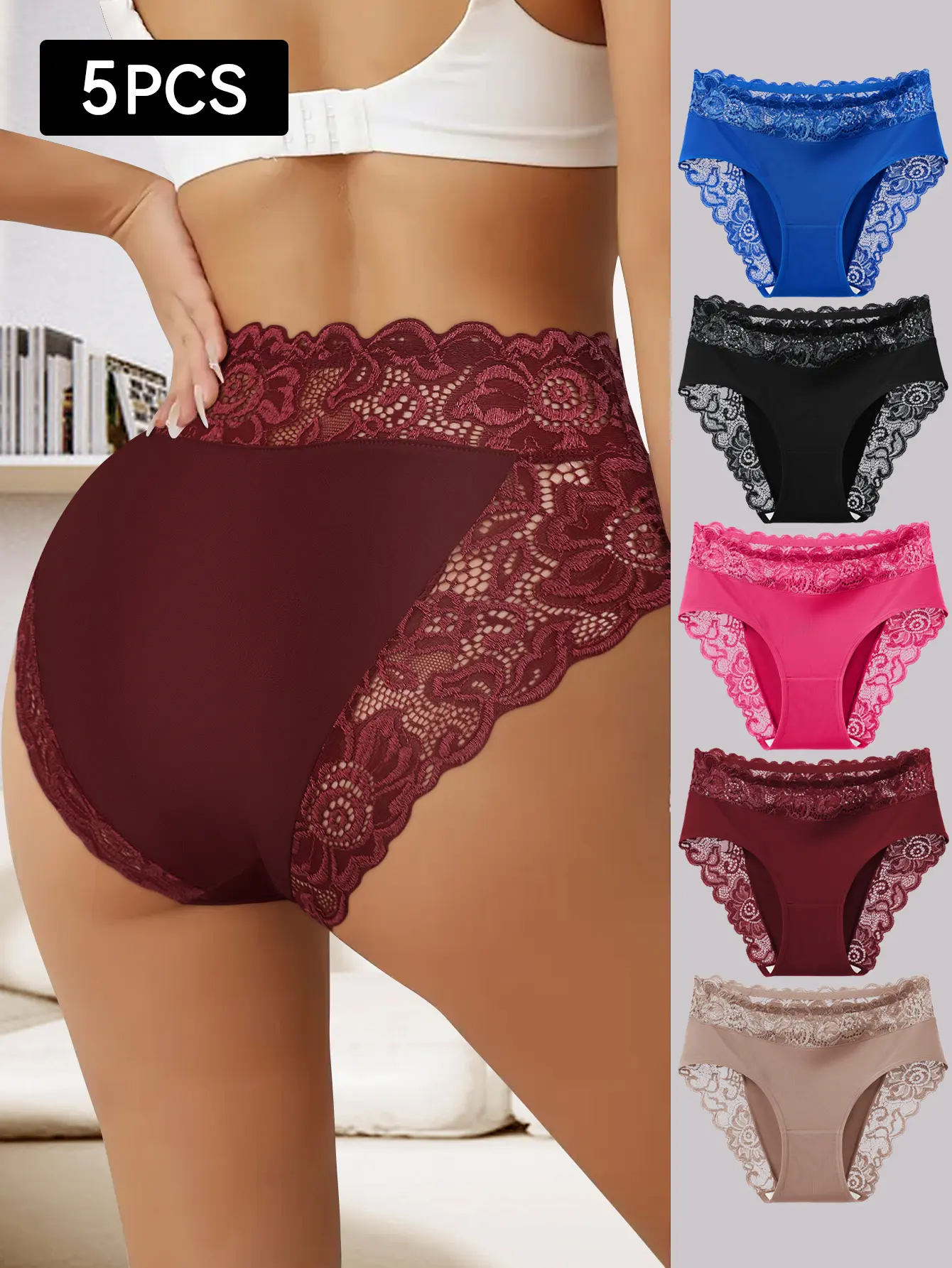 QUASTI Women's 5-Piece Mid-Waist Support Lace Briefs, Skin-Friendly No Show Embellished Seamless Silky Fabric, Breathable, Elastic Hip-Lifting, Soft Smooth, Daily Wear, S-XXL