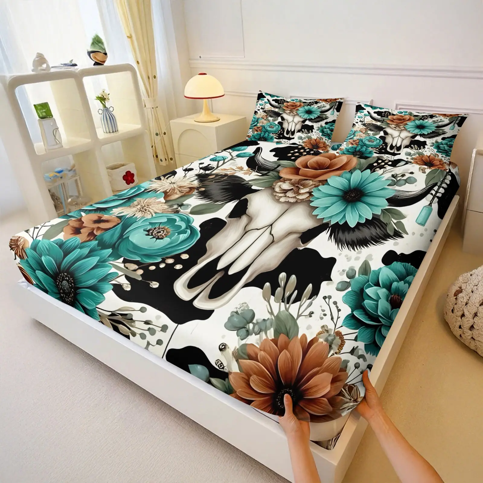 3pcs 100% Polyester / Boho Floral Bull Skull Fitted Sheet Set / Modern Artistic Cow Skull Bedding / Soft Breathable Bed Sheets / Machine Washable / Twin Queen King Sizes / Luxury Decor / One Bed Sheet + Two Pillowcases [Do Not Contain Fillings]