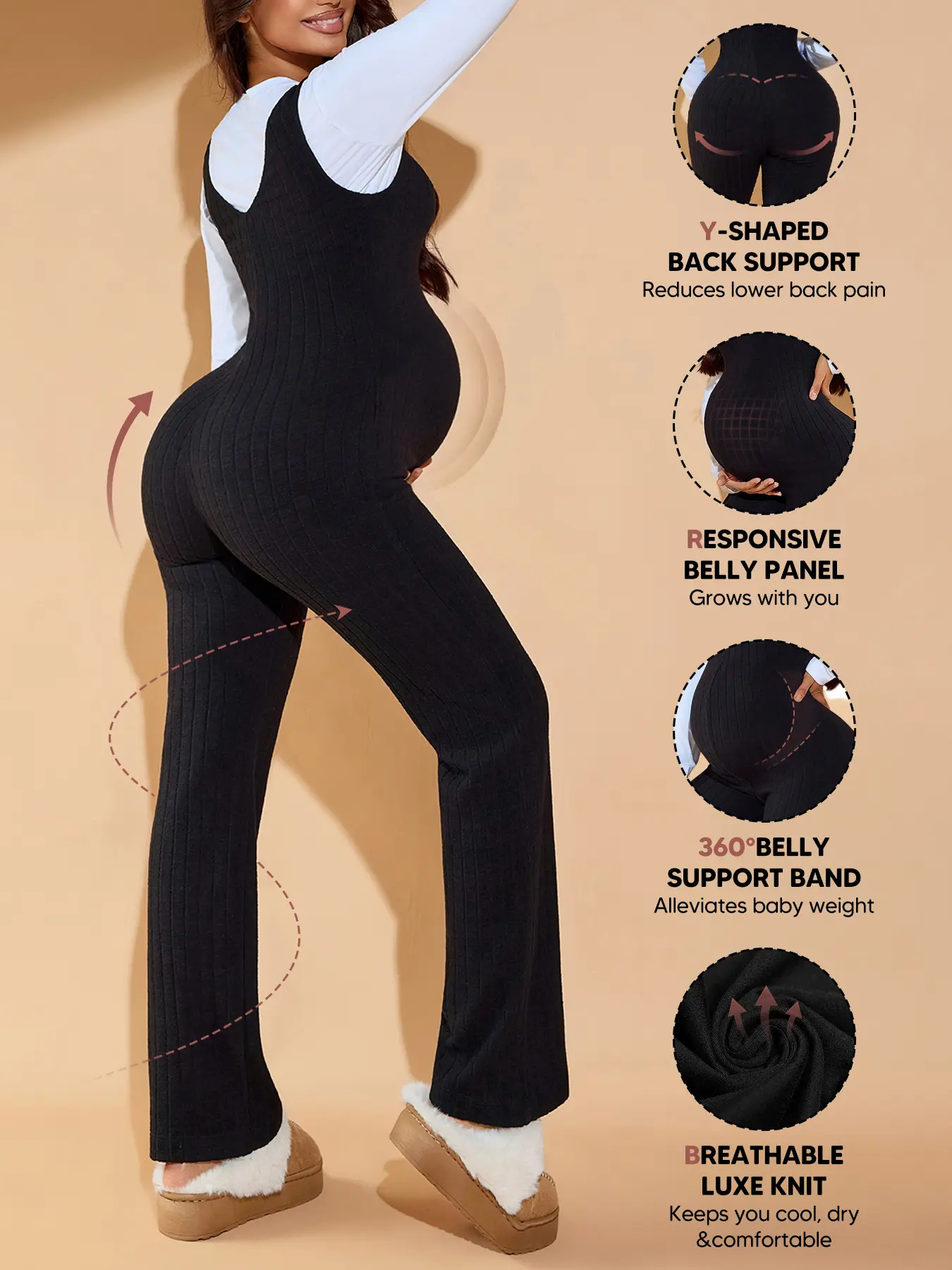 Maternity Ribbed Knit Jumpsuit for Pregnant Women, Stretchy Sleeveless Overalls, Back Support Bands, Flexible Fit, Soft Long Pants, Maternity Clothing