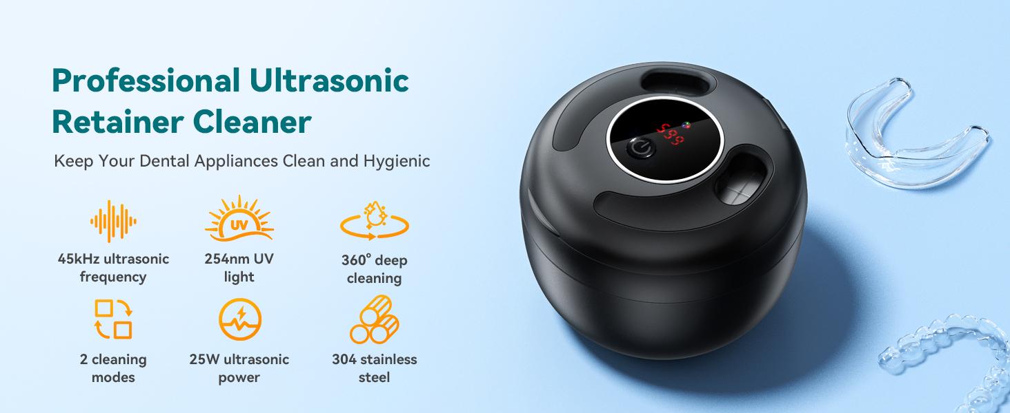 Cuzmok Dental Ultrasonic Retainer Cleaner Machine- 45kHz Dental Cleaning Pod with 304 Stainless Steel Tank, UVA& UVC, Digital Timer& 200ML Capacity for Braces, Mouth Guards, Dentures, Aligners,  Night Guards, Toothbrush Heads, Jewelry, Home and Travel Use