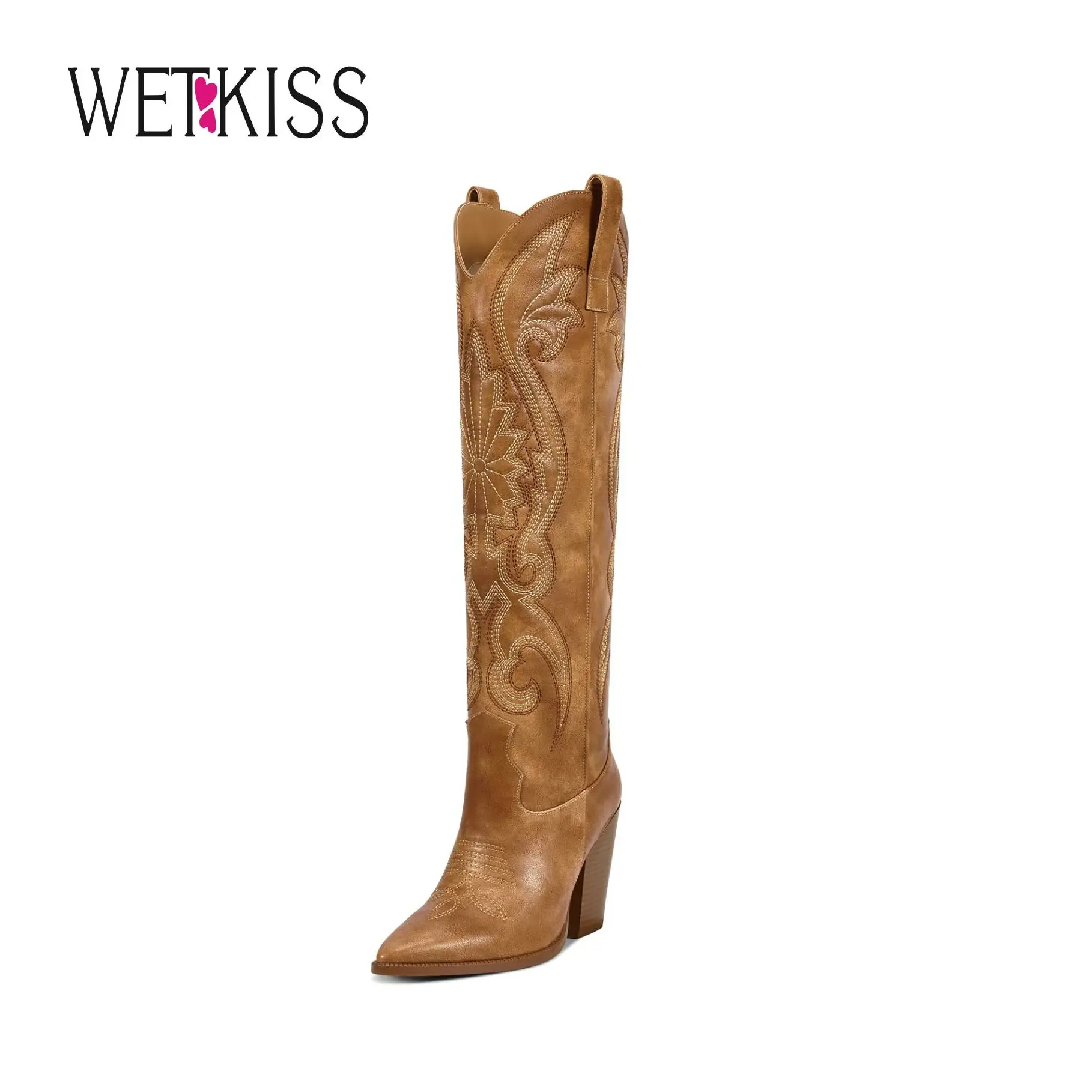 Wetkiss Womens Western Cowgirl Cowboy Knee High Boots with Embroidered Pointed Toe Chunky Heel Slip on Retro Tall shoes #TikTokShopfalldealsforyou #F