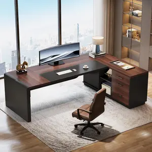 LITTLE TREE 80'' L-Shaped Desk, Large Executive Office Desk with 55'' Drawers Cabinet, Modern Computer Table with Storage Shelves, Business Furniture for Home Office