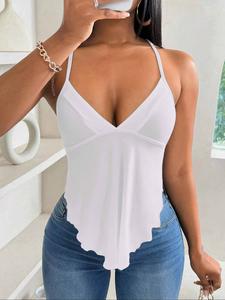 women's plain lace up backless asymmetrical hem cami top, casual sleeveless v neck top for summer, ladies clothes for daily wear