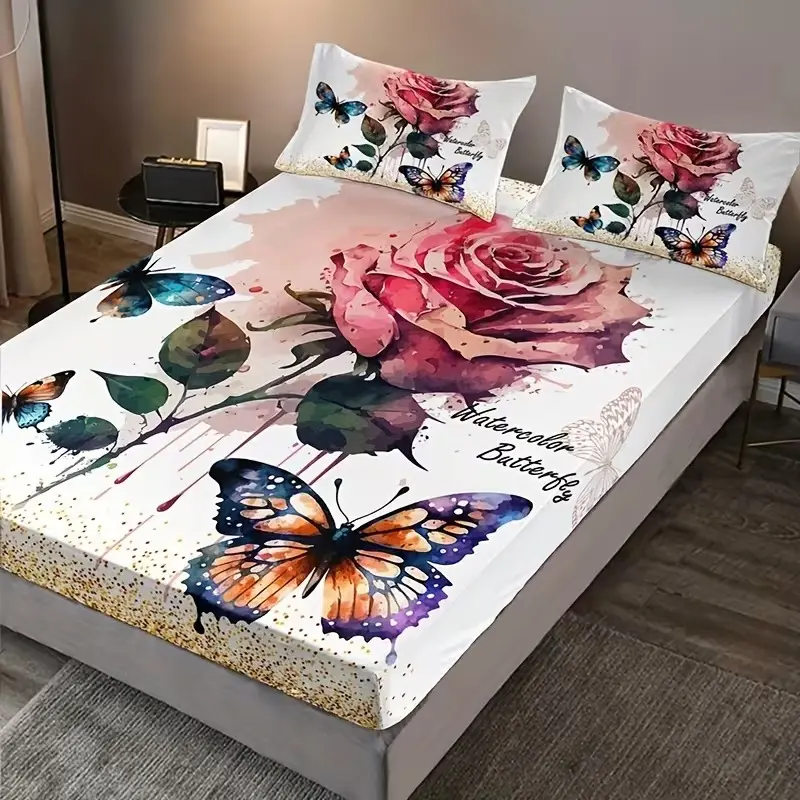 3pcs Floral Butterfly Polyester Bedding Set, High-Quality Digital Print Floral Sheets and Pillowcases, Decorative Bedsheet Sets, All Seasons, Ideal for Bedroom
