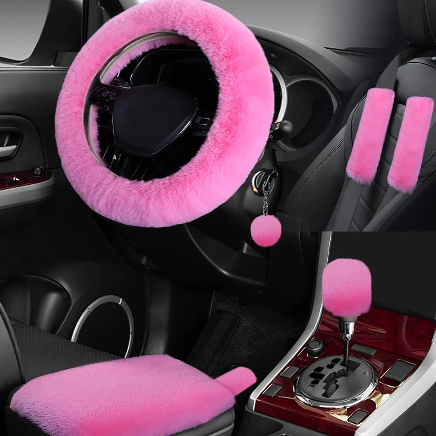 7 count Set  Interior Aesthetic Accessories, Fluffy 15 inch Steering Wheel Cover, armrest pad, seat Belt Cover,Gear Shift Cover, Fit Girly  Accessories for Women.