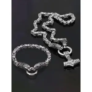 2pcs Vintage Style Fashionable Viking Wolf Head Pendant Necklace & Bracelet Set, Punk Jewelry Set for Party for Both Men & Women