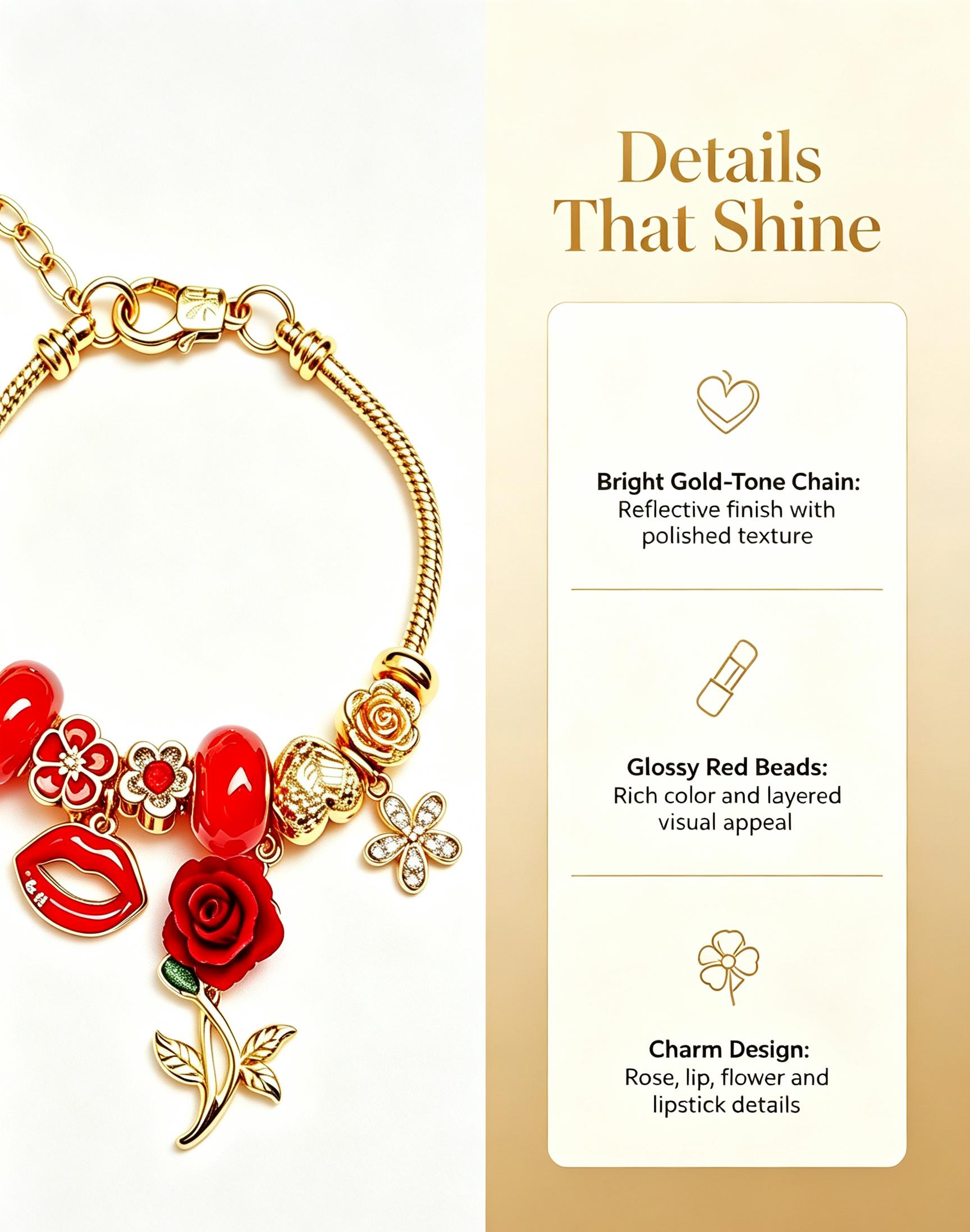 Gold Tone Red Rose Charm Bracelet for Women, Snake Chain Bracelet with Lip, Lipstick, Flower & Glossy Red Beads, Romantic Valentine’s Day Jewelry Gift for Her