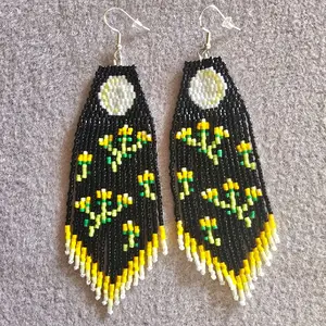 Handmade Beaded Earrings with Brick Stitch and Fringe Design in Black with Yellow Flowers