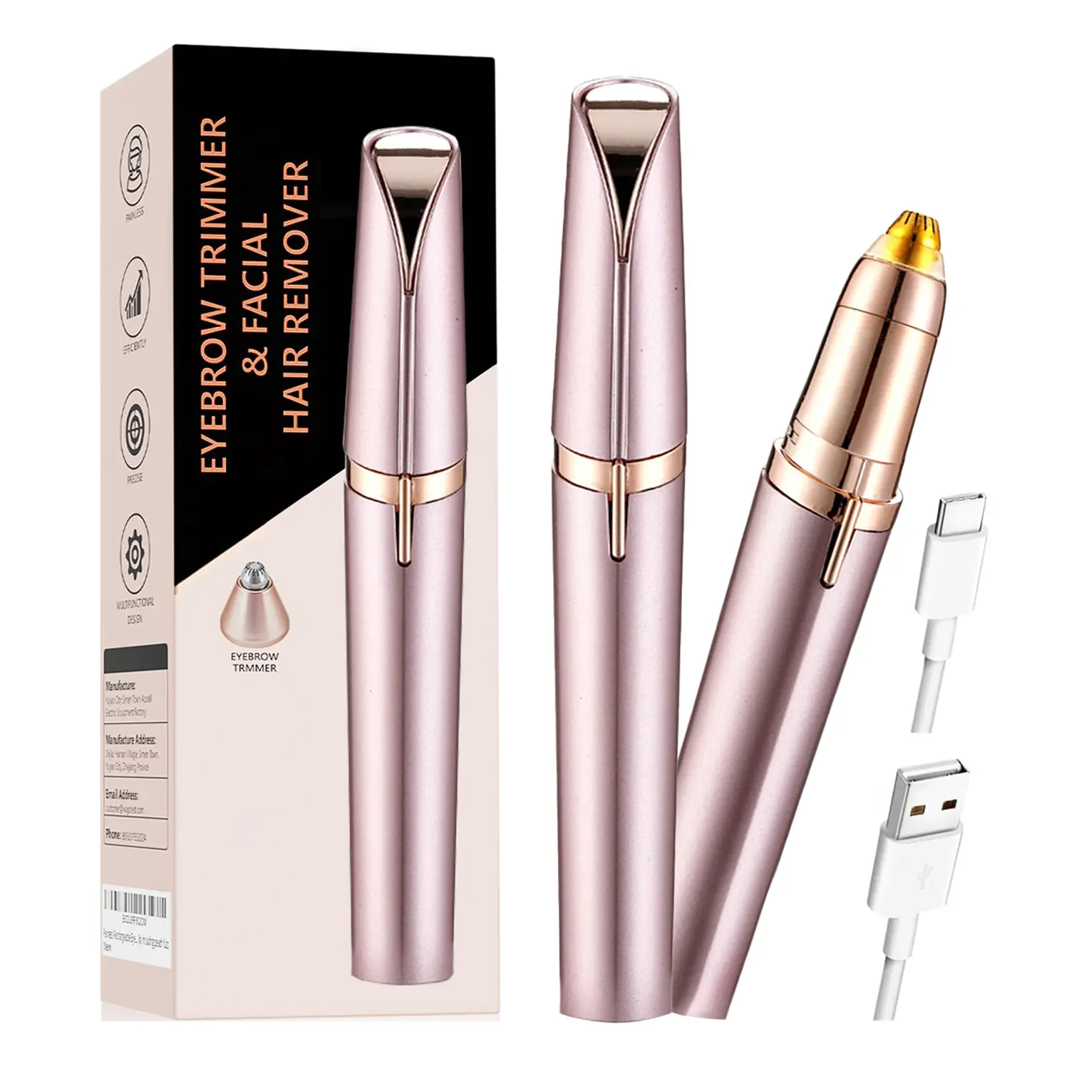 Women's Rechargeable Rose Gold Electric Eyebrow Trimmer with LED Light, USB Charging, Gentle Blade - Pain-Free Trim, Gentle Face Hair Remover for Adults (Beauty & Personal Care Electric Eyebrow Shaper Appliance), Pinpoint Precise, Rose Gold - 2 Pack, At-H