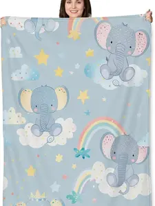 Elephant Rainbow Blanket, Cute Baby Elephant Fleece Throw with Stars and Clouds Design, Soft Cozy Lightweight Blanket, Perfect for Nursery Decor and Baby Showers