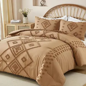 Burnt Orange Bag King,Tufted Boho Comforter King Size,Fluffy Fall Comforters 3 Geometric Embroidery for Seasons