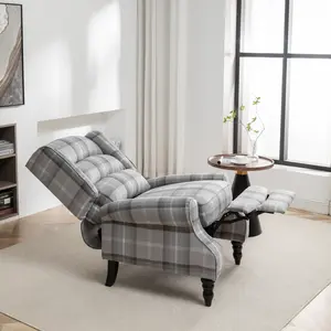Upholstered Wingback Recliner Chair, Plaid Recliner Chair Armchair Adjustable Footrest Push Back Reclining Sofa, Mid-Century Modern Lounge Armchair for Living Room, Bedroom, Reading