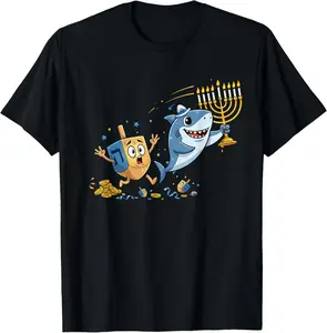 100% Cotton Funny Shark Dreidel Menorah Hanukkah Womens Mens T-Shirt