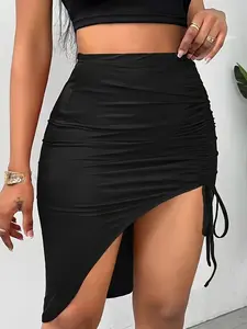 Pure Color Drawstring Half-Sleeve Dress, Elegant Women's Casual Wear, Perfect for Daily & Special Occasions