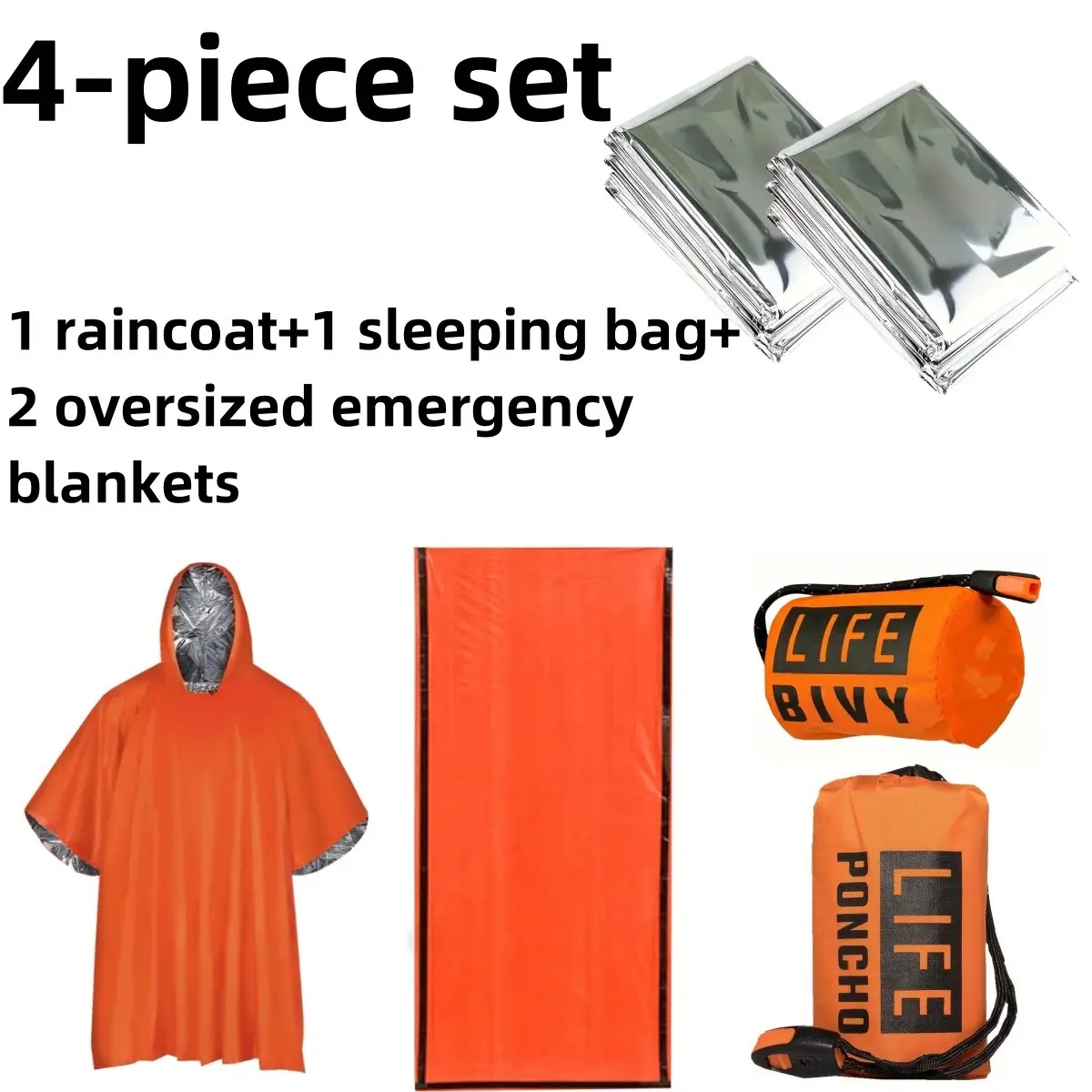 4-Piece Portable Outdoor Survival Kit, Insulated Sleeping Bag, Rain Poncho with Hood, Whistle, Large Insulated Blankets, Camping Hiking Gear, Emergency Survival Gear, Survival Gear and Supplies