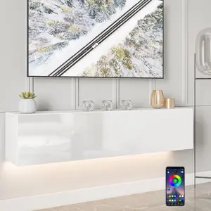 Floating TV Stand with Led Light for TVs up to 63", Modern High Gloss 55" Entertainment Center White Wall Mounted TV Media Console with Storage Cabinets Floor Mounted Media Console with LED Lights
