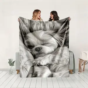 1 piece A Schnauzer's Heartwarming Moment in Sleep themed flannel blanket - Modern-style all-season flannel blanket, suitable for sofas and beds, super soft and comfortable, digitally printed pattern, 100% polyester material, machine washable