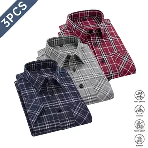Men’s Plus Size Business Dress Shirts, Casual Square-Neck Button-Up Short-Sleeve Tops, Breathable. Pack of 3. Versatile for everyday commuting., Menswear, Plaid
