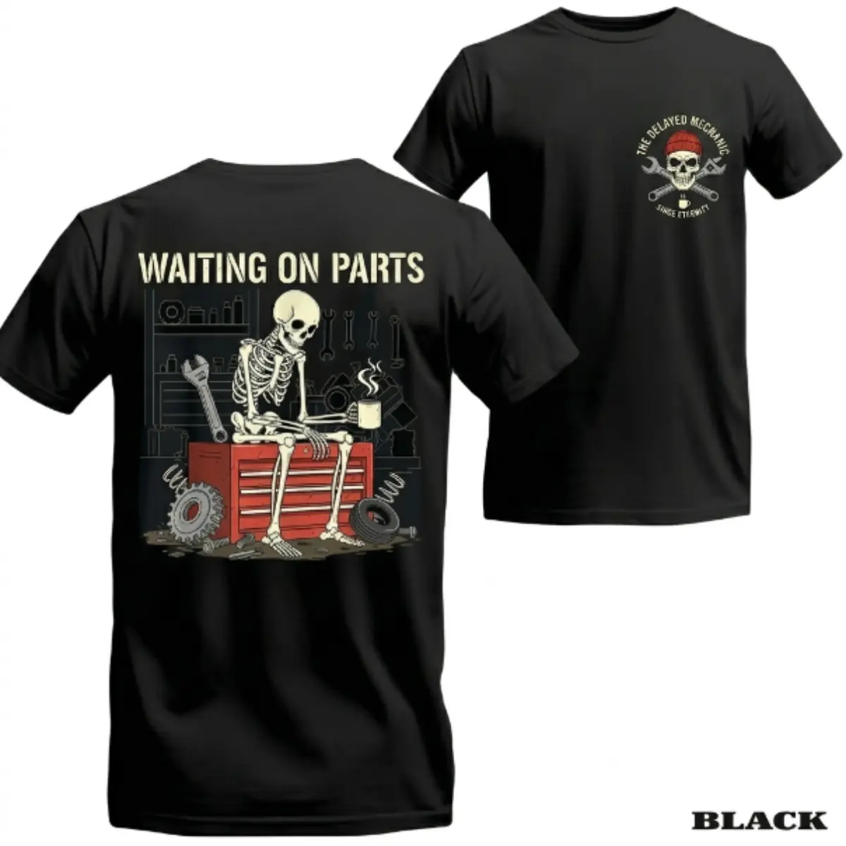 Waiting On Parts Skeleton Mechanic T-Shirt, Funny Auto Repair Garage Tee, Vintage Wrench Toolbox Graphic Shirt, Gift for Mechanics Casual Cotton Crewneck Menswear Top Unisex Classic Graphic