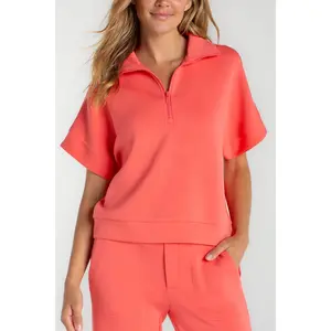 Half Zip Popover Top Coral